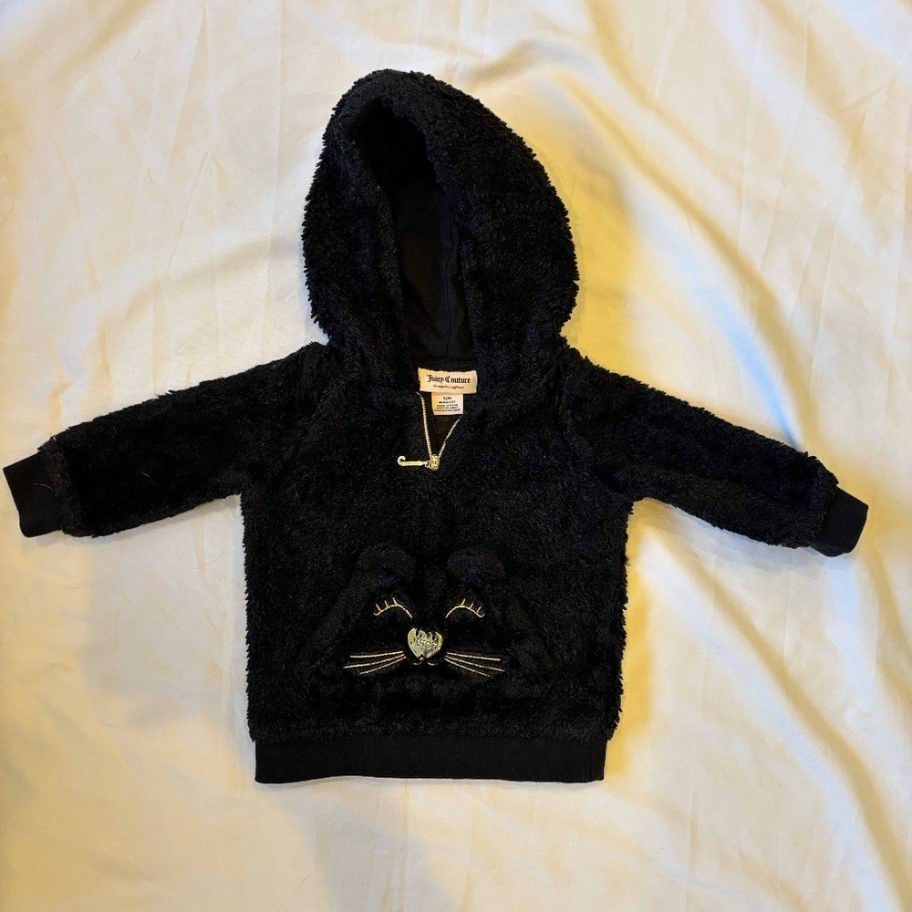 Juicy‎ Couture Baby Girls Hooded Sweatshirt 12M | Black Fuzzy Cat Pullover | EUC